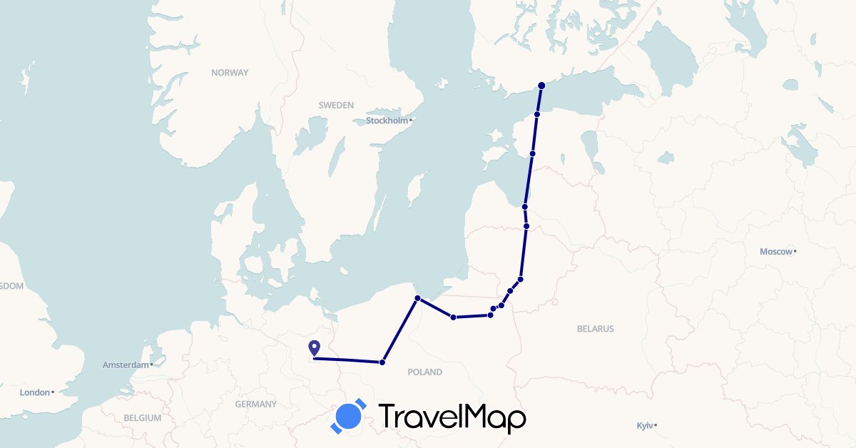 TravelMap itinerary: driving in Germany, Estonia, Finland, Lithuania, Latvia, Poland (Europe)